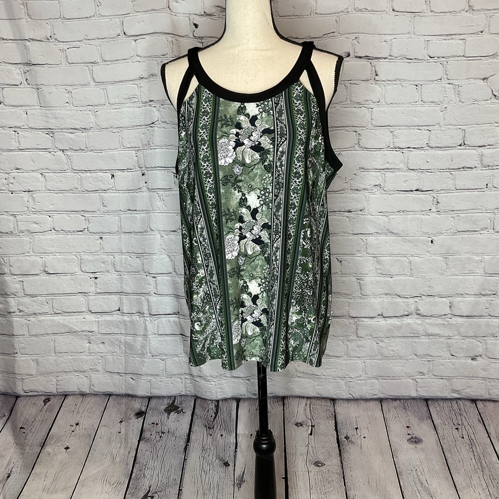 Roz & Ali Petite Green Black White Floral Paisley Print Sleeveless Top XL